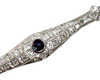 Stunning Art Deco Platinum 1.11 Ct. Diamond Sapphire Openwork Lacy Brooch Pin