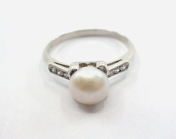 Vintage Art Deco Platinum Classic Pearl Engagemen… - image 4