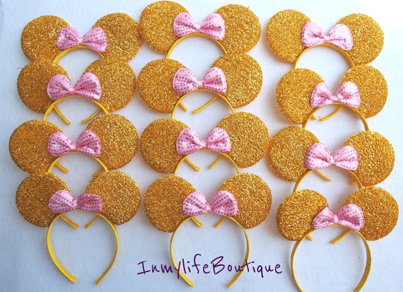 12 Minnie Mouse Ears Shiny Shimmer Silver Pink Headband Party Favors Birthday