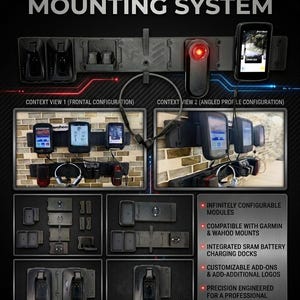 May include: A black modular device mounting system featuring integrated SRAM battery charging docks, compatible with Garmin and Wahoo mounts. The display shows various configurations, including frontal and angled profile views, with text labels detailing features like infinitely configurable modules and customizable add-ons.