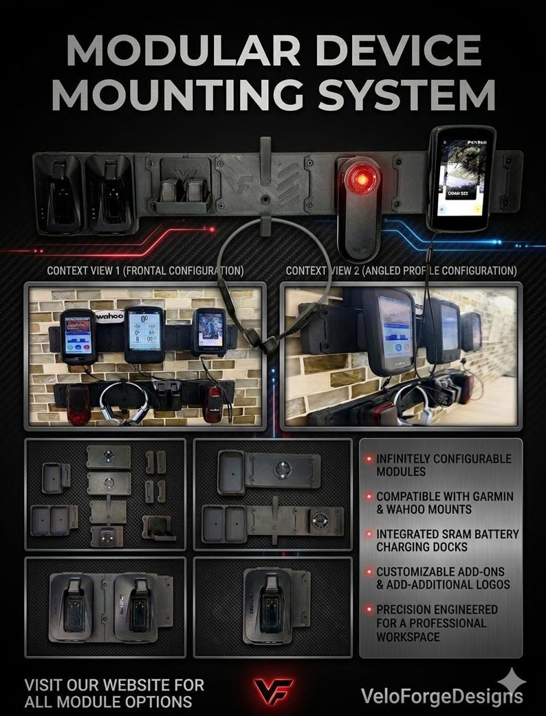 May include: A black modular device mounting system featuring integrated SRAM battery charging docks, compatible with Garmin and Wahoo mounts. The display shows various configurations, including frontal and angled profile views, with text labels detailing features like infinitely configurable modules and customizable add-ons.