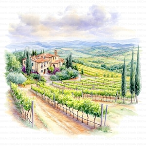 160 Tuscany Italy Landscape Watercolor Clipart Tuscany Region Printable JPG Card Making Paper Craft Junk Journal Scrapbook Digital Download