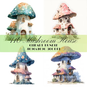 110 Quirky Mushroom Fairy House Clipart Whimsical Home Printable Watercolor Card Making Paper Craft Junk Journal Scrapbook Digital Download
