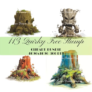 Whimsical Tree Stump Clipart: Fairy Fantasy Watercolor Graphics (Digital Download