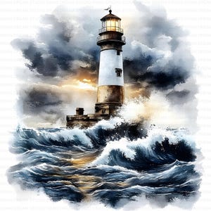 Bundle de cliparts aquarelle phare 136, haute qualité imprimable JPG fabrication de cartes, artisanat en papier Junk Journal Scrapbooking en téléchargement numérique