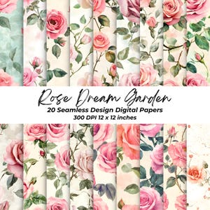 Vintage Watercolor Pink Rose Dream Garden Digital Paper Seamless Printable Paper Pack Pink Roses Scrapbook Paper Collage Sheet Junk Journal