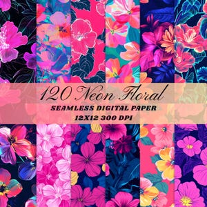 120 Neon Preppy Flowers Digital Paper Seamless Summer Spring Floral Background Pack Printable Scrapbook Papers Junk Journal Digital Download