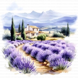 144 lavendelvelden clipart landschap afdrukbare aquarel clipart JPG kaart maken papier ambachtelijke ongewenste dagboek scrapbooking digitale download