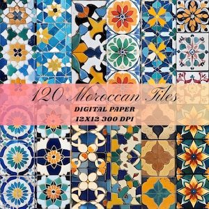 120 Moroccan Tiles Digital Paper Pack Arabesque Ethnic Boho Background Printable Scrapbook Papers Junk Journal Card Making Digital Download