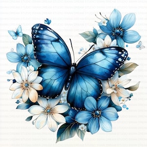 144 papillons bleus avec fleurs Clipart imprimable haute qualité JPG fabrication de cartes en papier artisanat Art Junk Journal Scrapbooking téléchargement numérique