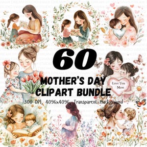 Lot de 60 cliparts aquarelle pour mamans, cliparts mignons pour la fête des mères, maman et enfant PNG, illustrations pour la fête des mères, Clipart kawaii, maman et enfant