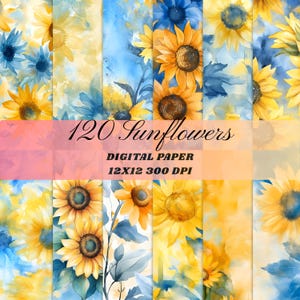 120 Sunflower Digital Paper Yellow and Blue Floral Cottagecore Watercolor Background Printable Scrapbook Paper Junk Journal Digital Download