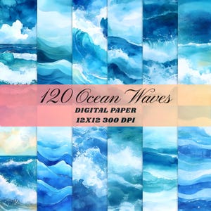 120 Ocean Waves Digital Paper Watercolor Texture Sea Waves Beach Background Summer Printable Scrapbook Paper Junk Journal Digital Download