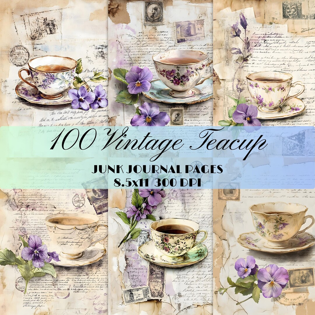 100 Teacup Junk Journal Page Purple Floral Tea Cup Coffee Printable ...