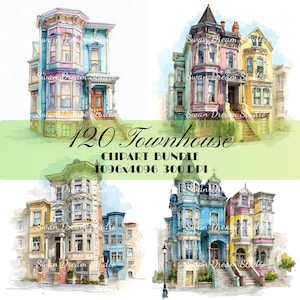 120 Colorful Victorian Townhouse Clipart Row House Home Printable Watercolor Card Making Paper Craft Junk Journal Scrapbook Digital Download
