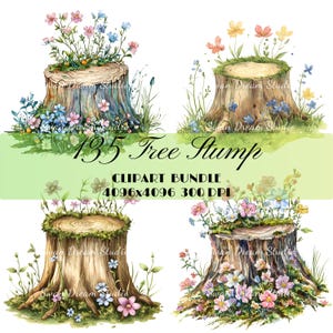 135 Floral Tree Stump Clipart Wildflowers Whimsical Printable Watercolor JPG Card Making Paper Craft Junk Journal Scrapbook Digital Download
