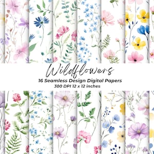 Wildflower Digital Paper Bundle Watercolor Flower Background Scrapbook Papers Junk Journal Spring Floral Digital Download Seamless Design