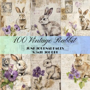 100 Vintage Rabbit Cute Bunny Junk Journal Pages Floral Printable Ephemera Kit Digital Paper Background Scrapbook Supplies Digital Download
