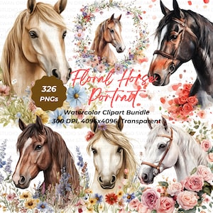 Lot de 326 fleurs pour portrait de cheval floral, clipart imprimable haute qualité PNG, fabrication de cartes, artisanat en papier, journal indésirable Scrapbooking, téléchargement numérique