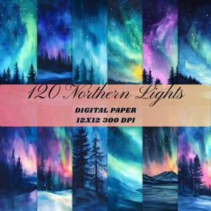 120 Nordlichter Digitales Papier Aurora Borealis Hintergrund Aquarell Nachthimmel Printable Scrapbook Papiere Junk Journal Digital Download