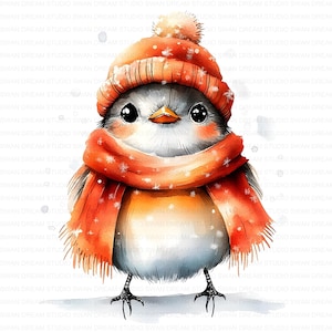 156 Chapéu de lã de Robin de Natal em aquarela, clipart para impressão em JPG de alta qualidade, artesanato em papel, diário de recortes, download digital