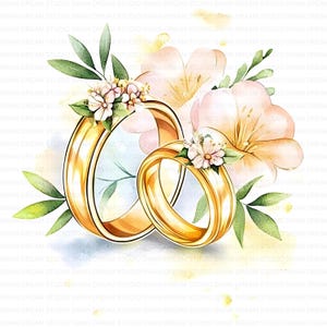 111 Clipart di anelli di nozze floreali in oro, stampabili, di alta qualità, in formato JPG, per biglietti, carta da regalo, scrapbooking, download digitale