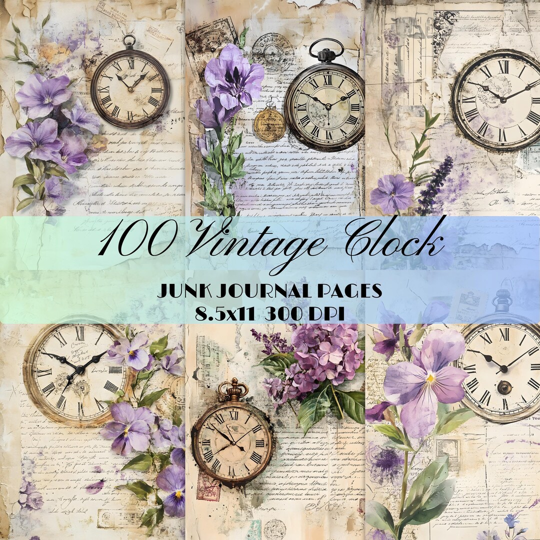 100 Vintage Clock Junk Journal Page Purple Floral Printable Ephemera ...