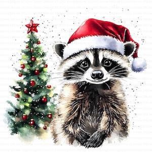 128枚のクリスマスアライグマの水彩画クリップアートバンドル（印刷可能）ホリデーJPGカード作成ペーパークラフトジャンクジャーナルスクラップブッキングデジタルダウンロード