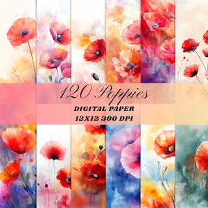 120 pavot floral aquarelle numérique coquelicots fond été Cottagecore imprimable scrapbooking papiers Journal en téléchargement numérique