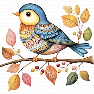 123 Clipart di arte popolare con uccelli e alberi in stile Boho, stampabili in formato JPG di alta qualità, per biglietti, creazione di carta, artigianato artistico, scrapbooking, download digitale