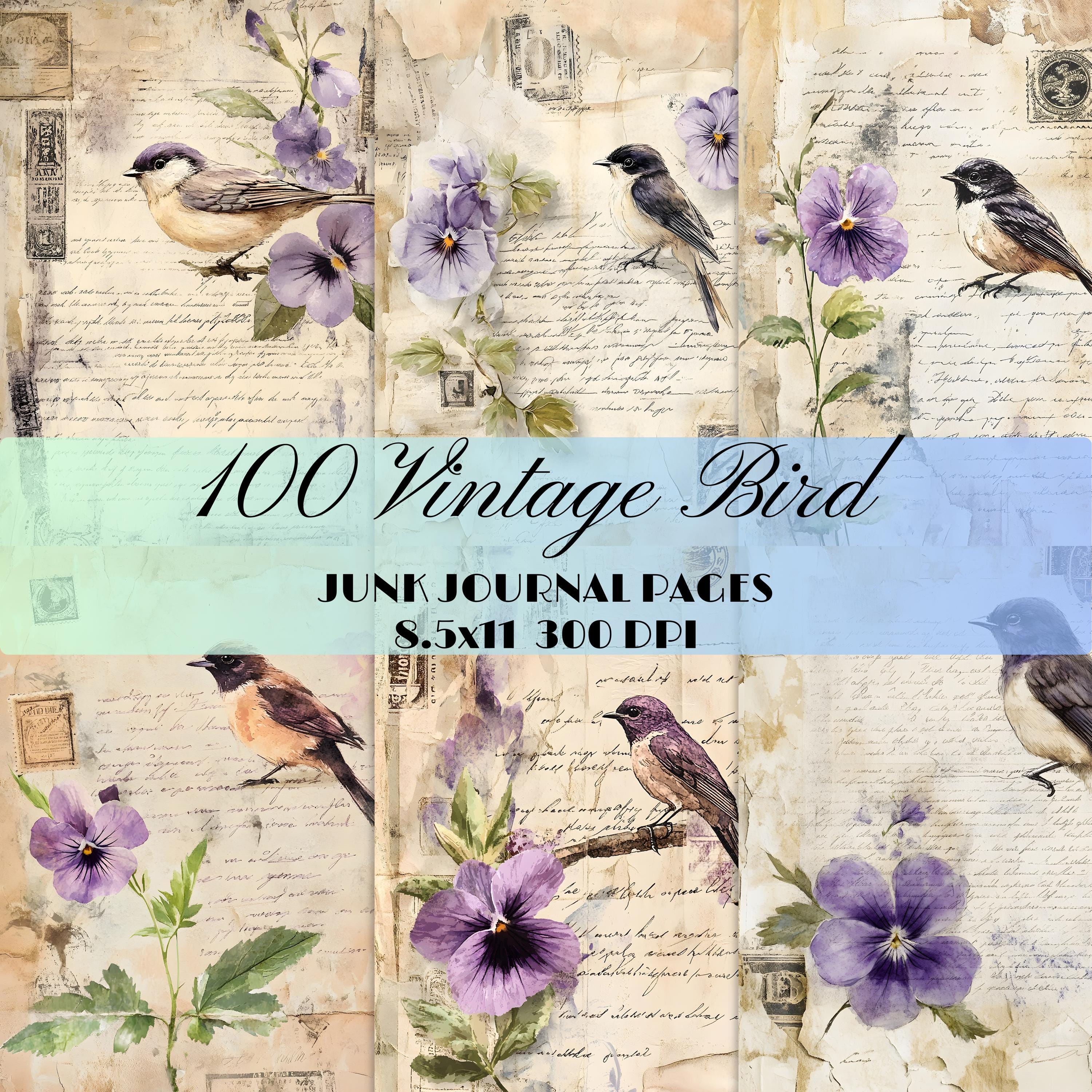 100 Vintage Quirky Bird Junk Journal Page Floral Printable Ephemera Kit ...