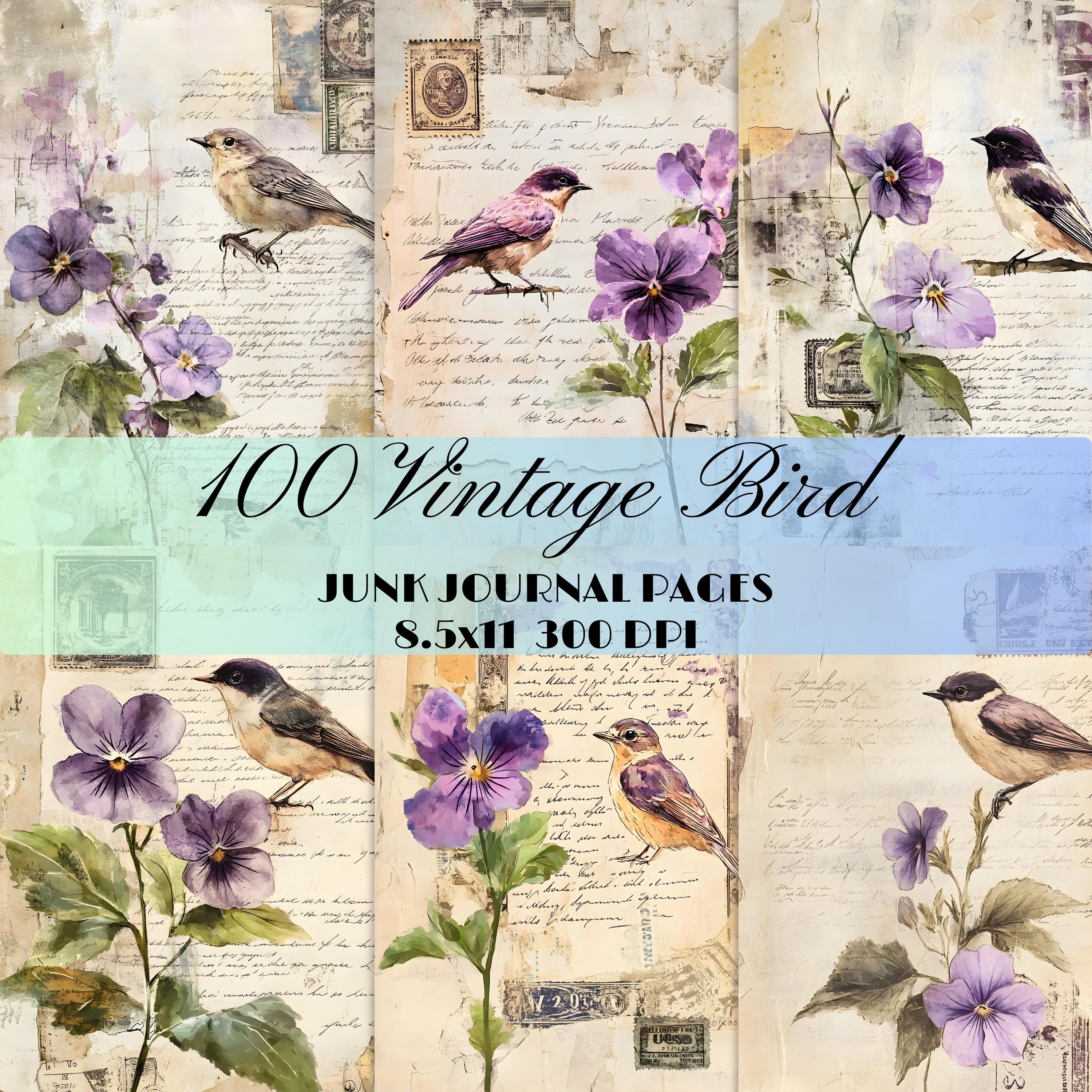 100 Vintage Quirky Bird Junk Journal Page Floral Printable Ephemera Kit ...
