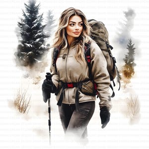118 Woman Hiking Clipart Mountain Hiking Printable Watercolor Clipart JPG Card Making Paper Craft Junk Journal Scrapbooking Digital Download