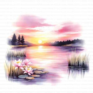 128 Pôr do sol sobre o lago, pacote de clipart em aquarela para impressão, JPG de alta qualidade, cartão para fazer artesanato em papel, diário de scrapbooking, download digital