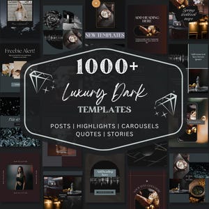 Może przedstawiać: Obraz promocyjny prezentujący szereg ciemnych szablonów mediów społecznościowych. Centralny element graficzny to "1000+ Luxury Dark Templates". Obraz zawiera przykłady postów, wyróżnień i cytatów z różnymi elementami.