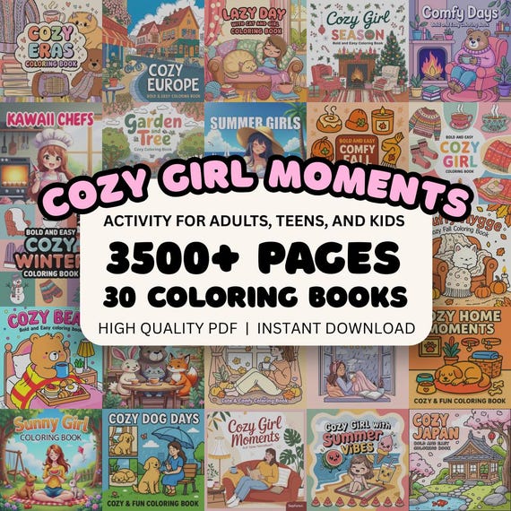 Cozy Girl Moments Coloring Book PDF CoCo Wyo Comfy Cute Fun Illustrations Bold & Easy Printable Stress Relief Activity Adults Kids Teens