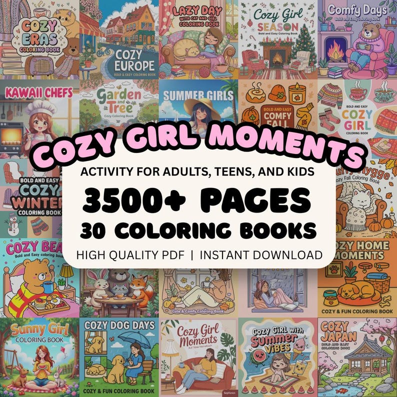Libro para colorear "Momentos de Chica Acogedora" (PDF) CoCo Wyo: Ilustraciones divertidas, tiernas y cómodas. Actividad imprimible fácil y atrevida para aliviar el estrés. Para adultos, niños y adolescentes. imagen 1