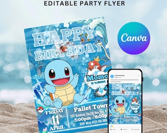 Schattige baby houdt van water Pokémon ruilkaart fantasiewezen digitale uitnodiging sjabloon bewerkbaar Canva printbare kinderfeestuitnodiging | Schildpad