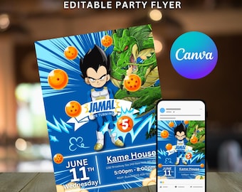 Schattige baby liefde draak vechtsport anime verjaardagskaart sjabloon digitale kinderfeest printbare Canva download blauw vechtthema