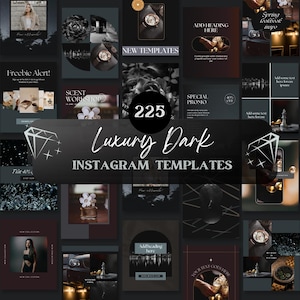 以下が含まれることがあります： 225個のダークラグジュアリーInstagramテンプレートのコレクション。テンプレートは、「Freebie Alert!」、「Scent Workshop」、「New Templates」など、画像とテキストを含むさまざまなデザインを特徴としています。全体的なカラースキームは、ゴールドと白のアクセントが付いたダークです。