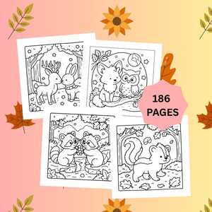 Pu&ograve; includere: Quattro pagine di un libro da colorare con illustrazioni di animali del bosco, tra cui un cervo, un coniglio, una volpe, un gufo, procioni e una puzzola. Il testo "186 PAGES" &egrave; su un esagono rosa.
