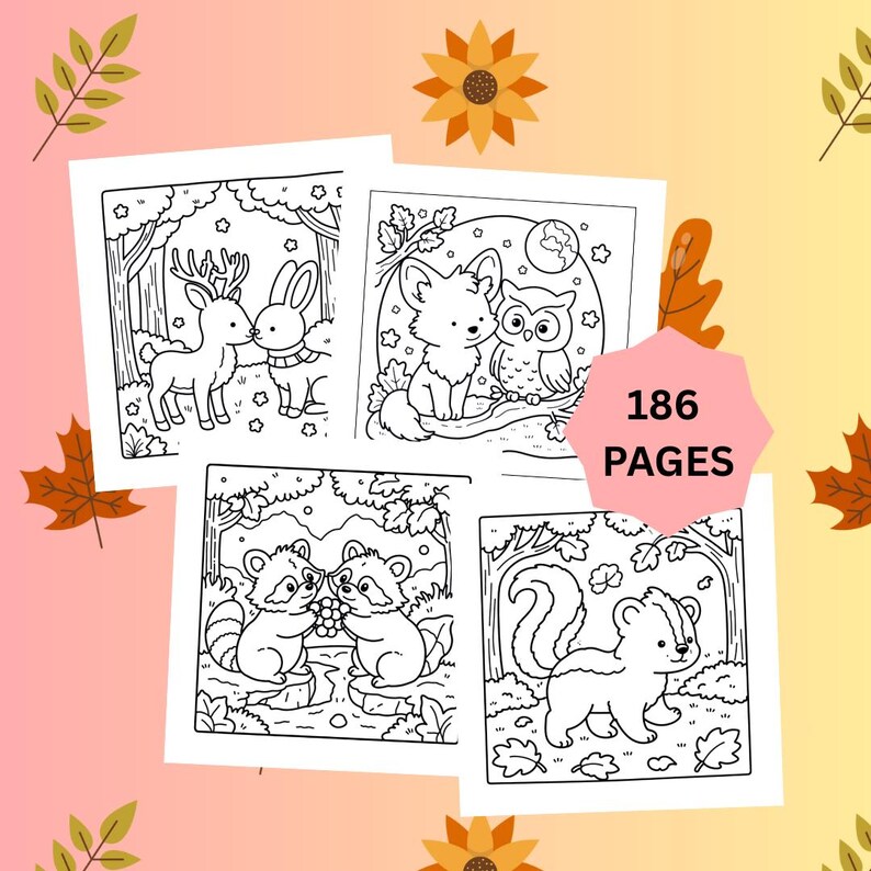 Pu&ograve; includere: Quattro pagine di un libro da colorare con illustrazioni di animali del bosco, tra cui un cervo, un coniglio, una volpe, un gufo, procioni e una puzzola. Il testo "186 PAGES" &egrave; su un esagono rosa.