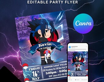 Schattige baby-verjaardagskaart met ninja-animethema | Digitale kinderfeestsjabloon, printbaar en bewerkbaar in Canva | Direct te downloaden, paars
