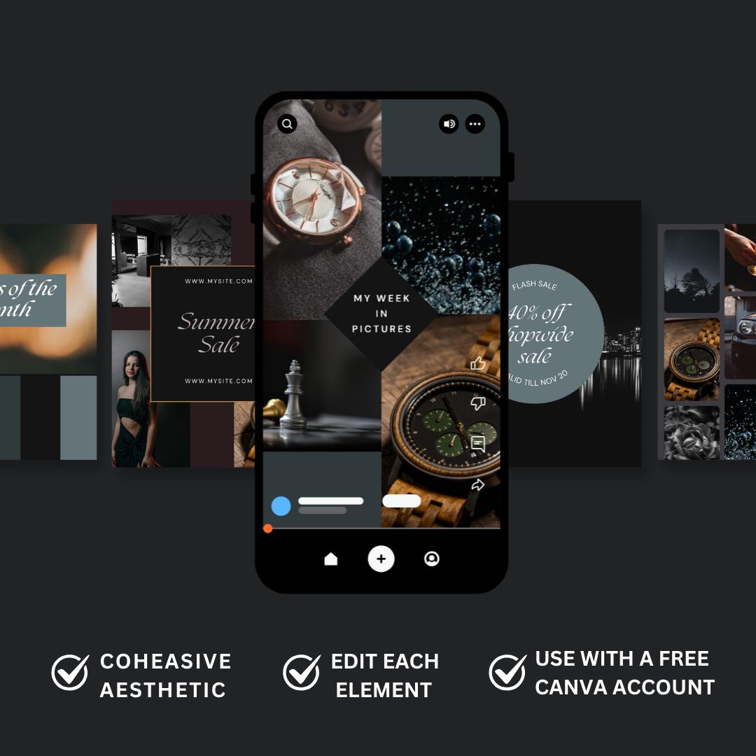 Luxury Dark Instagram Canva Template | Black Social Media Post Stories ...