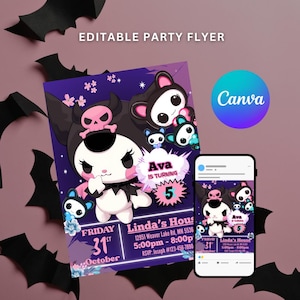 May include: A purple party flyer with a cartoon character, bats, and the text "Ava is turning 5." The flyer includes event details: Friday, October 31st, at Linda's House, 5:00pm-8:00pm, and an RSVP number. A phone displays the flyer.