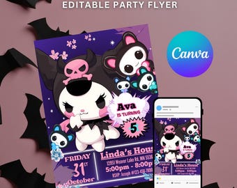 Convite de aniversário fofo para bebê apaixonado por demônios, modelo para festa de anime com garota diabólica, convite digital editável no Canva, cartão de comemoração para menina para imprimir