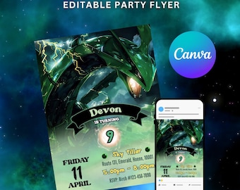 Dragon Theme Party Invitation Pokémon Rayquaza Birthday Invite, Customizable Canva Template, Instant Download Digital Printable for Kids