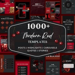 May include: A collection of social media templates in shades of red and black. The central design features the text "1000+ Modern Red Templates" with categories like posts, highlights, and stories. Cherries and other graphics are included.