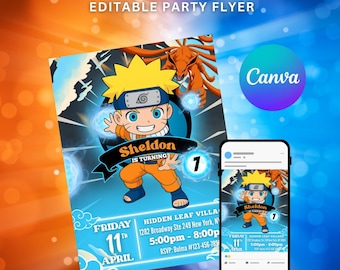 Sjabloon schattige baby liefde ninja anime verjaardagsuitnodiging | Sjabloon digitaal kinderfeestje, afdrukbaar, bewerkbaar in canva | Directe download blauw