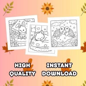 Pu&ograve; includere: Tre pagine da colorare in bianco e nero con un coniglietto, un gatto che dorme e due tartarughe. Le parole "HIGH QUALITY" e "INSTANT DOWNLOAD" sono visualizzate nella parte inferiore dell'immagine. Lo sfondo &egrave; una sfumatura di arancione e giallo.